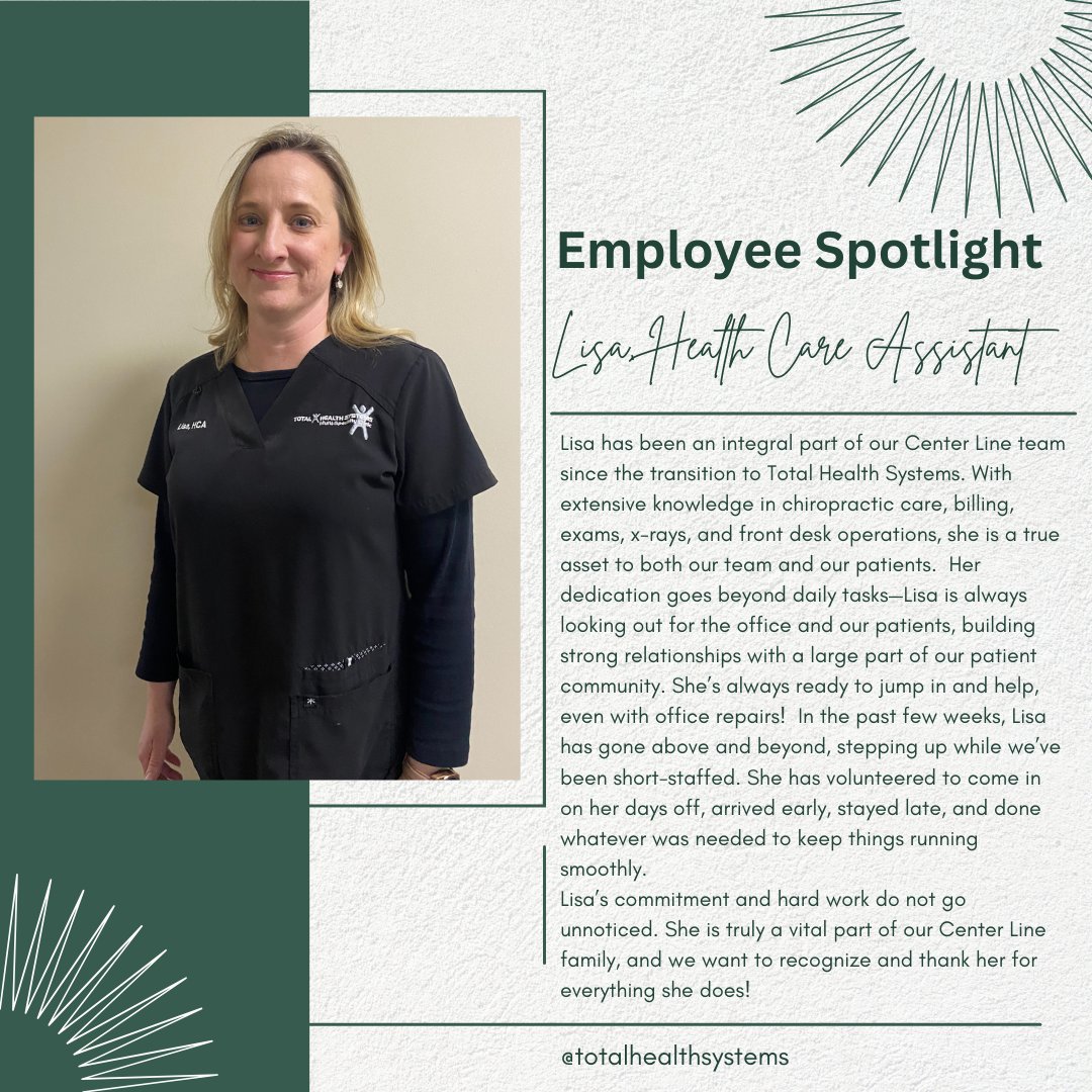 totalhealthsys's tweet photo. Lisa consistently exceeds her standard responsibilities; she actively supports her colleagues and fosters strong connections with our patients.
#teamwork #team #thankyou #customerservice #employeespotlight #totalhealthsystems #macombcounty #centerline https://t.co/VK3MKvctjz