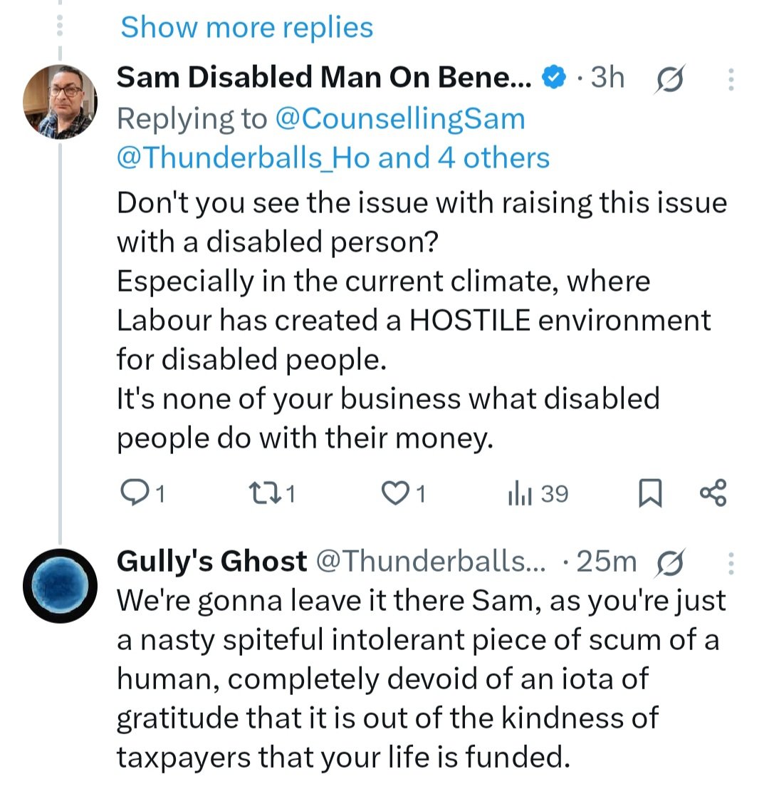 CounsellingSam's tweet photo. Here's a non-disabled person who claims he's not a bigot
While Being A Bigot.
My crime?
Not being 'grateful' to him for receiving disability benefits. https://t.co/kpAwbuOQx2
