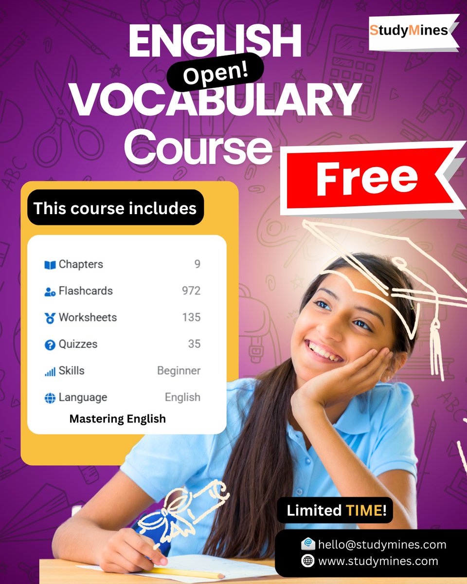 studymines_app's tweet photo. "Improve your English vocabulary for FREE! 🚀 Perfect for students, professionals, and anyone looking to level up their language skills. Enroll now! #EnglishCourse #FreeLearning #Vocabulary #LearnEnglish #FreeCourse #VocabularyBoost https://t.co/yiV99u5yKY