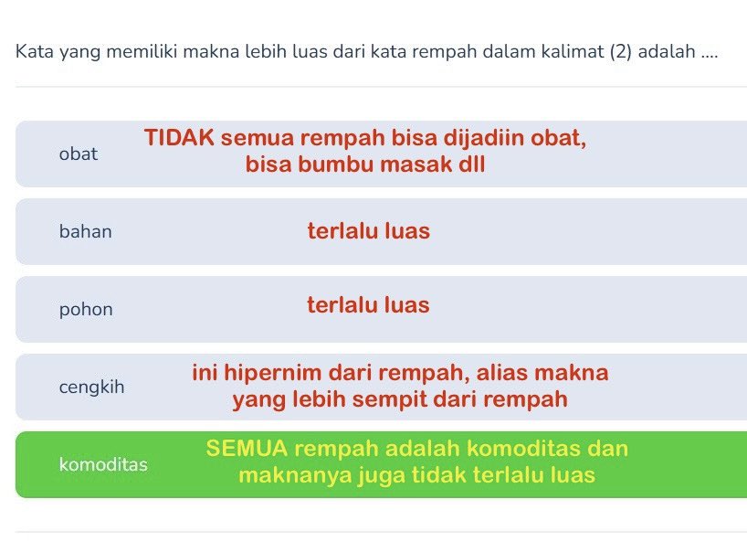richie_ald's tweet photo. A itu hiponim (kata khusus)
B itu hipernim (kata umum)

Misal,
Hiponim: kucing, sapi, singa
Hipernim: hewan

—, Contoh soal https://t.co/W74H5vkNWx