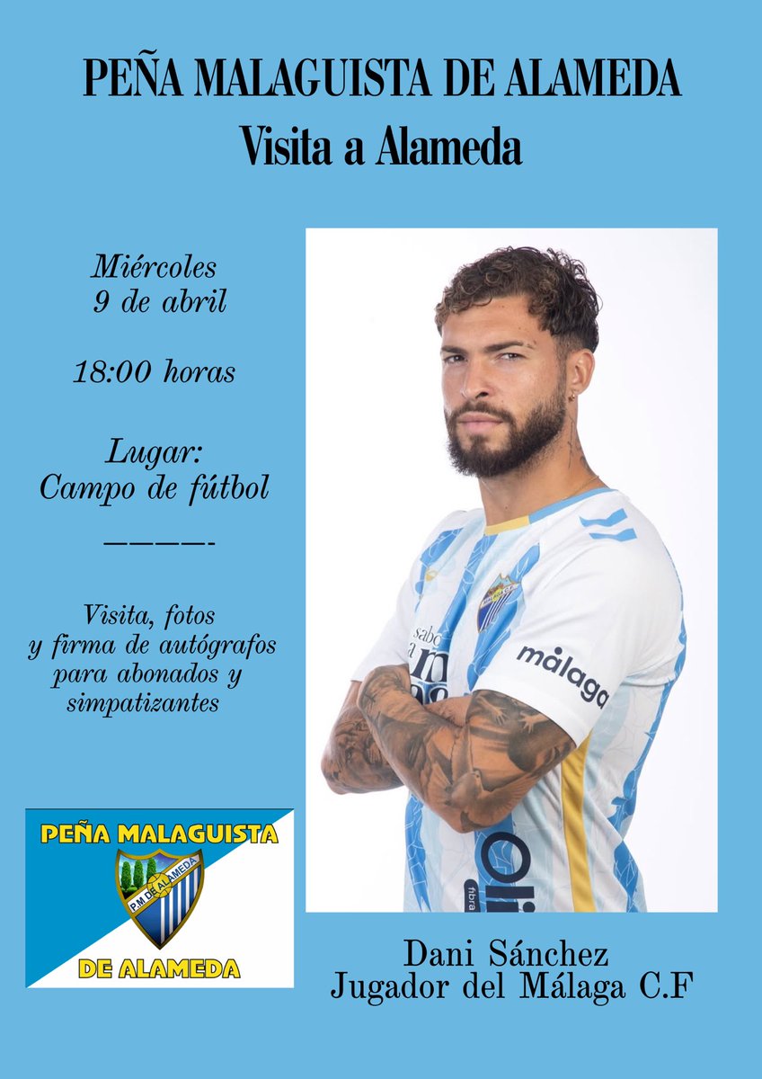 alamedamalaguis's tweet photo. Mañana nos visitará en nuestro pueblo el futbolista del @MalagaCF Dani Sánchez, todo el que lo desee está invitado a pasar una tarde de malaguismo. https://t.co/V7E9dWqp6k