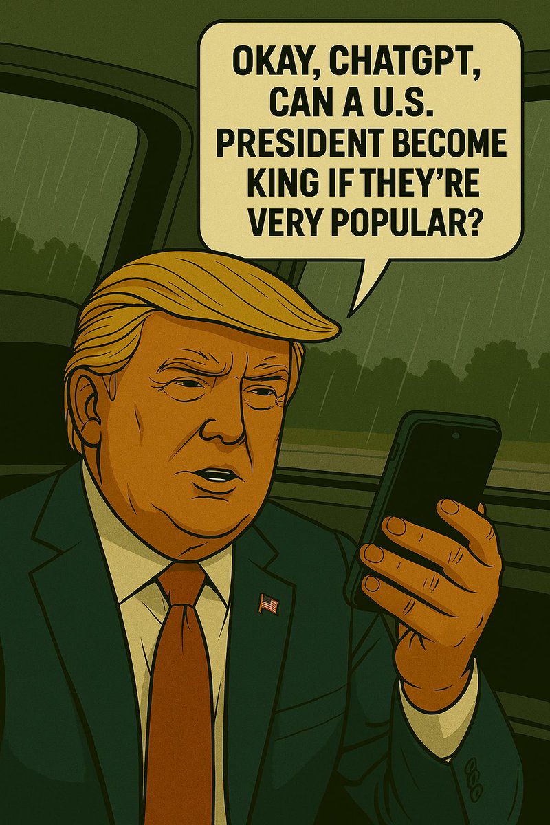 JOP_1985's tweet photo. BREAKING:
Trump asks if a U.S. President can become King.
Cites “royal blood” and gets mad at ChatGPT for saying no.
America’s first monarch? He’s already practicing the look.

#TrumpGPT #MakeTheWorldLaughAgain #RoyalMess https://t.co/iy6uQGLwJX