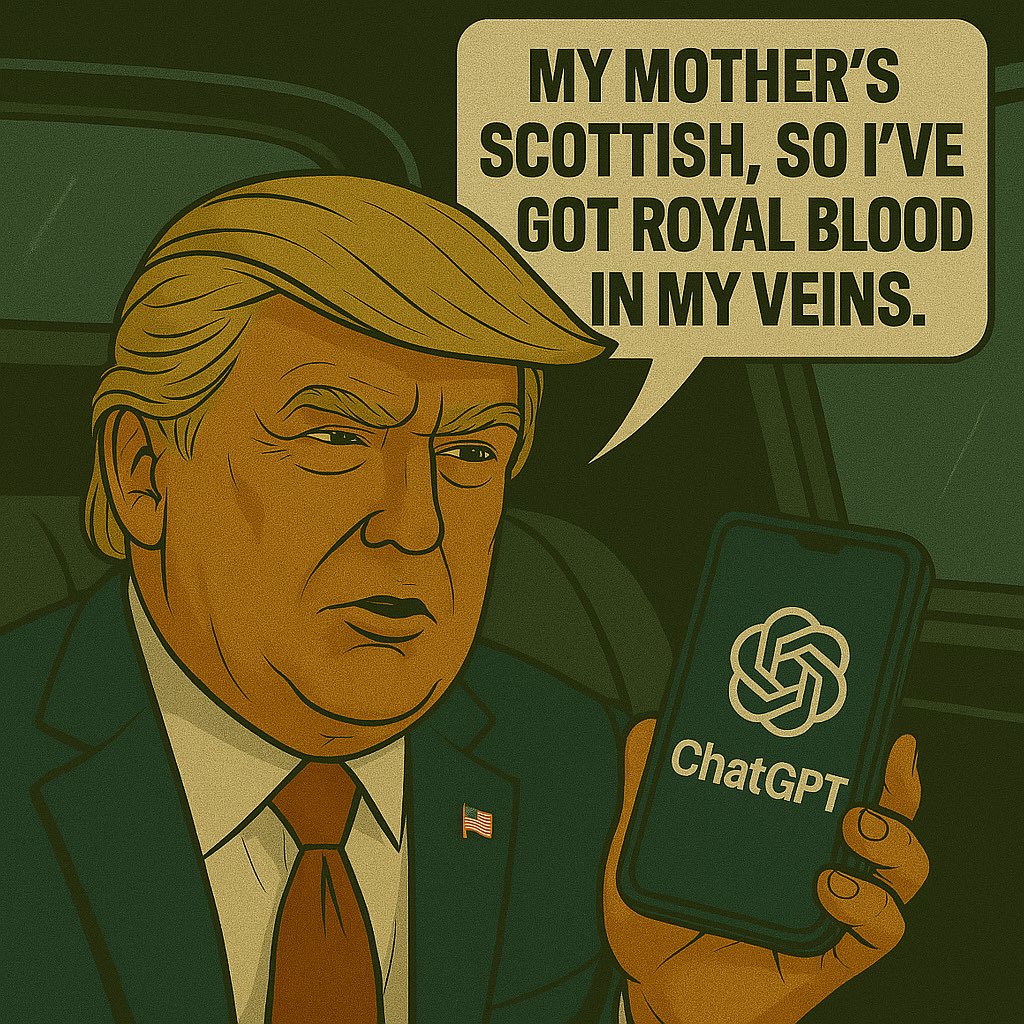 JOP_1985's tweet photo. BREAKING:
Trump asks if a U.S. President can become King.
Cites “royal blood” and gets mad at ChatGPT for saying no.
America’s first monarch? He’s already practicing the look.

#TrumpGPT #MakeTheWorldLaughAgain #RoyalMess https://t.co/iy6uQGLwJX