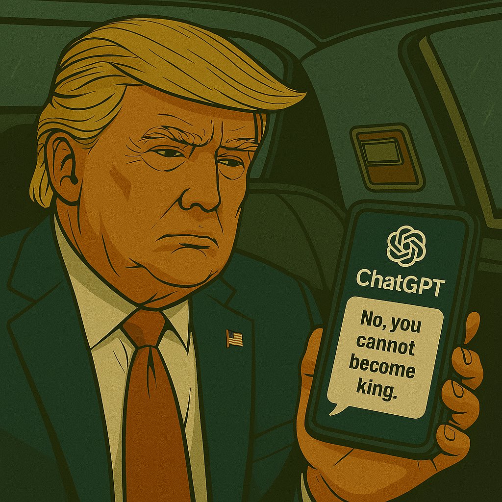 JOP_1985's tweet photo. BREAKING:
Trump asks if a U.S. President can become King.
Cites “royal blood” and gets mad at ChatGPT for saying no.
America’s first monarch? He’s already practicing the look.

#TrumpGPT #MakeTheWorldLaughAgain #RoyalMess https://t.co/iy6uQGLwJX