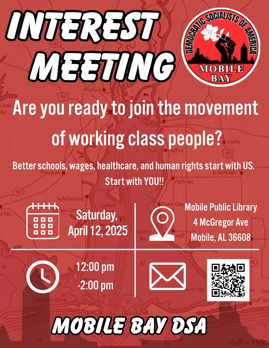 MobileDSA's tweet photo. The fascists are in control, but don’t despair — join the struggle! This Saturday, meet up with us to learn more about DSA and discuss how we can fight back and improve our community. 

12-2pm on Saturday April 12, Mobile Public Library (4 McGregor Ave) https://t.co/URRfrc6rmq