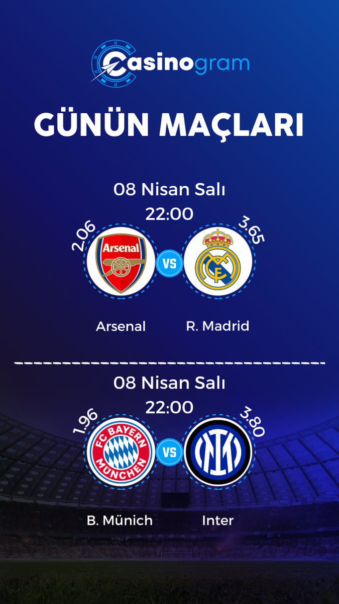 casinogramtr's tweet photo. 🔥 Günün Maçları En Çekici Oranlarla Casinogram'da!🏆

🕘 Maçlar:
22:00 Arsenal - R. Madrid
22:00 B. Münich - Inter

100 TL Deneme Bonusu! 🎉
20.000 TL Hoş Geldin Bonusu! 📺
%20'ye varan Spor Kayıp Bonusu! 🏆

🔥 LİNK BİODA 🔥

#Casinogram #GününMaçı https://t.co/Gy6NS5tfVP