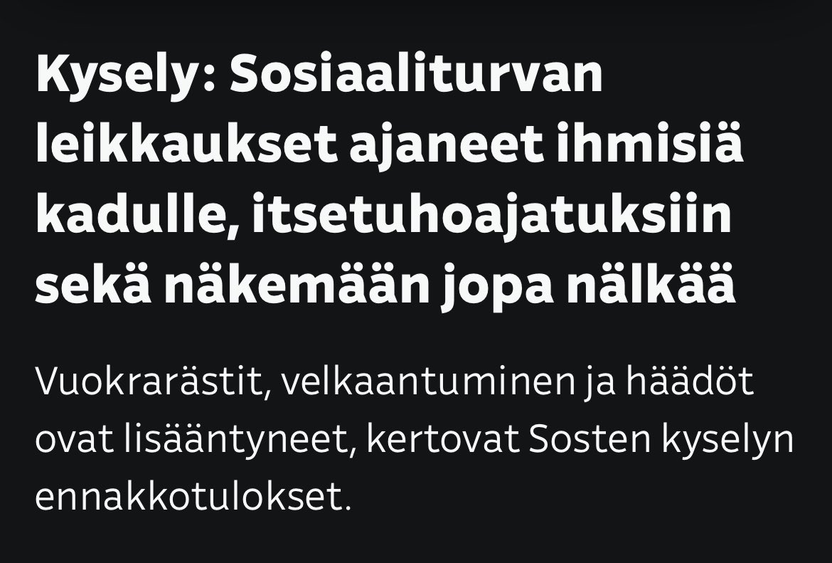 Järkyttävää.

Lähes 600 sosiaalityöntekijää ja yli 500 kelan työntekijää kertovat, että hallituksen köyhimpiin kohdistetut leikkaukset ovat ajaneet ihmisiä kadulle, itsetuhoajatuksiin ja näkemään jopa nälkää.