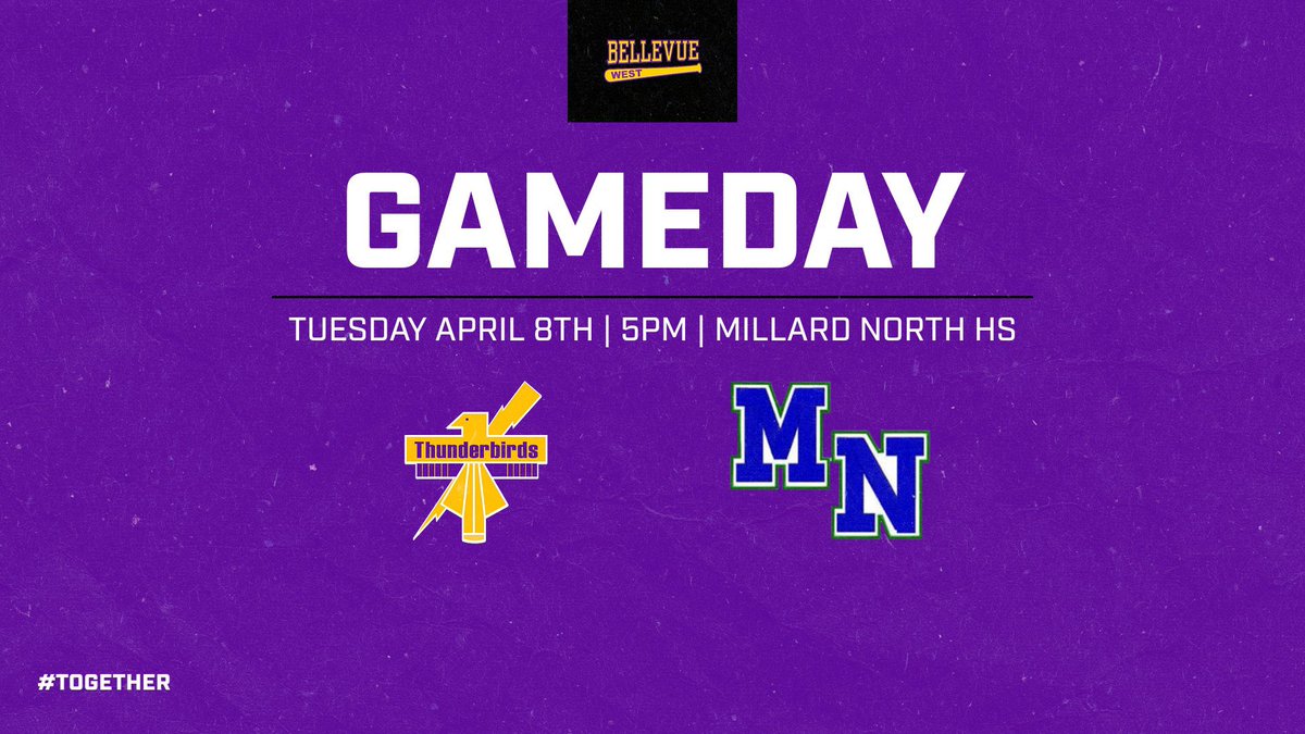 Game 9 

Bellevue West Thunderbirds vs. Millard North
🗓️April 8th
⏰5pm
📍Millard North HS 
#TOGETHER