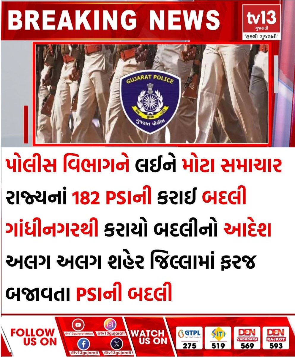 tv13gujarati's tweet photo. રાજ્યનાં 182 PSIની કરાઈ બદલી

#PoliceDepartment #PSITransfer #Gandhinagar #Gujarat #GujaratPolice https://t.co/M3bH0V4r4L