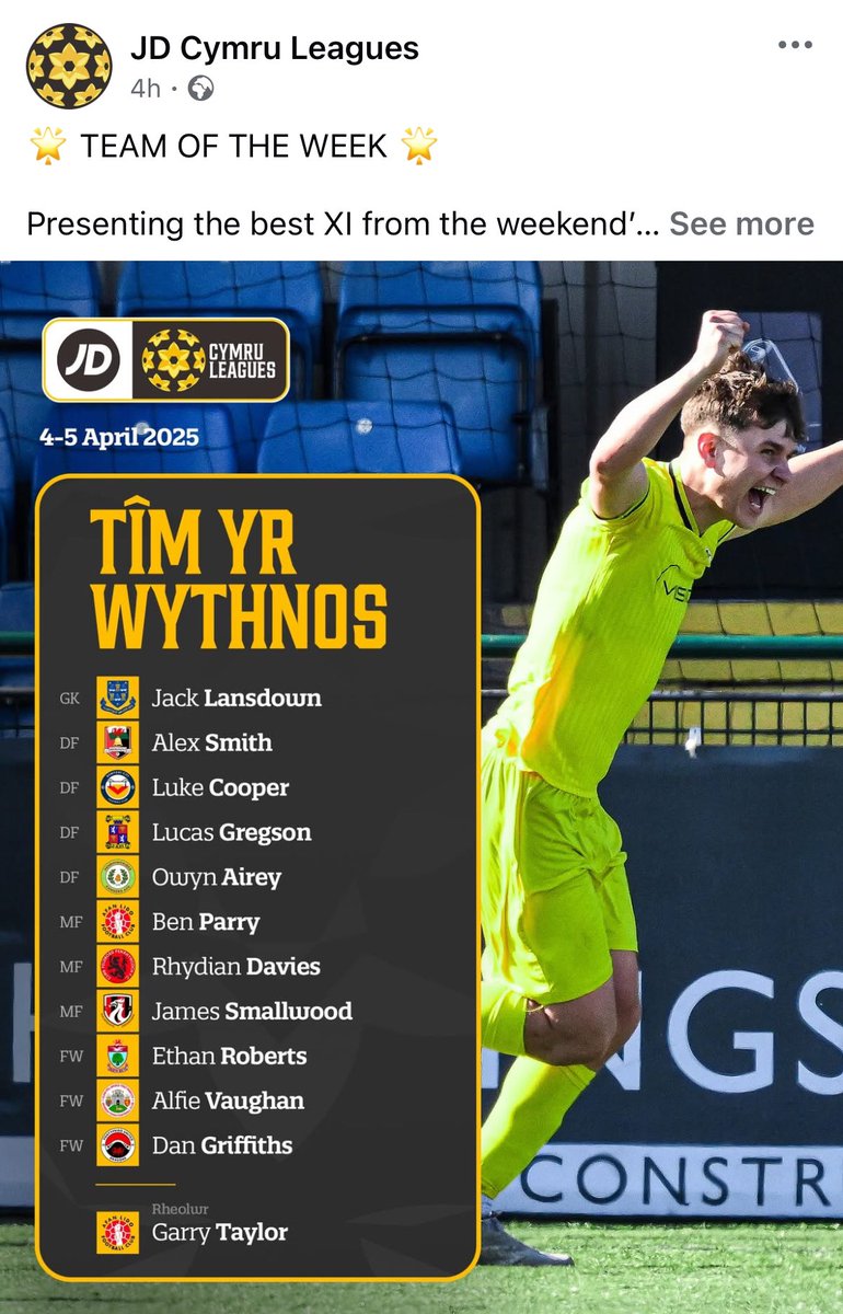 GUILS1957's tweet photo. Well Done to James Smallwood, making the team of the week for JD Cymru Leagues https://t.co/EE9fGgyuMq