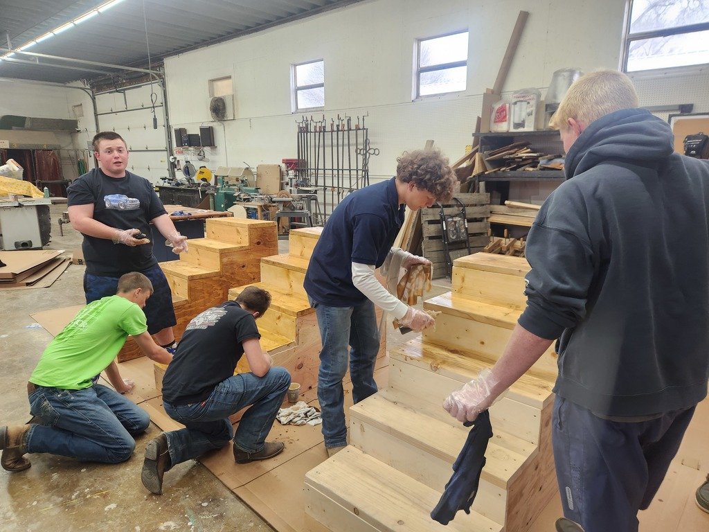Last week, Ag students assisted the drama club with community service by staining the stairs for the upcoming play. Tickets are on sale for play through the office.