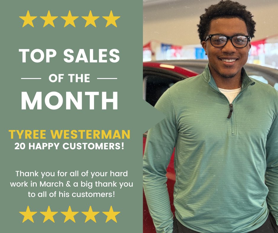 He did it again! Our top sales person for March at our Westbrook Pre-Owned location is Tyree Westerman 🏆 Congratulations Tyree, and a huge thanks to all of his happy customers. 🚗