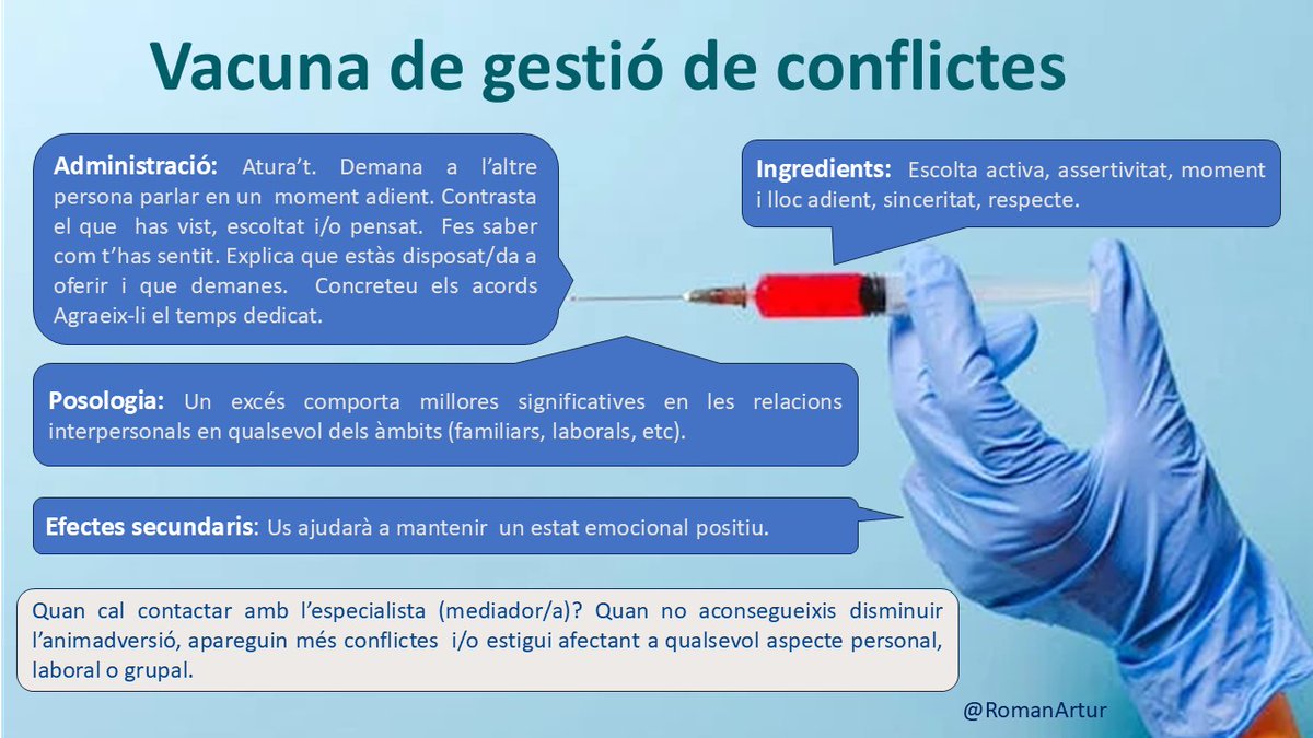 En organitzacions hi ha patrons reiteratius en alguns conflictes :  professionals compromesos, entorns d'alt nivell d'estrès on no  es disposa d'espais adients per escoltar-se. 💣
"Vacunar-se"  està molt bé.😷
Però si no es resolt recorda que tens un bon medicament: la  mediació!