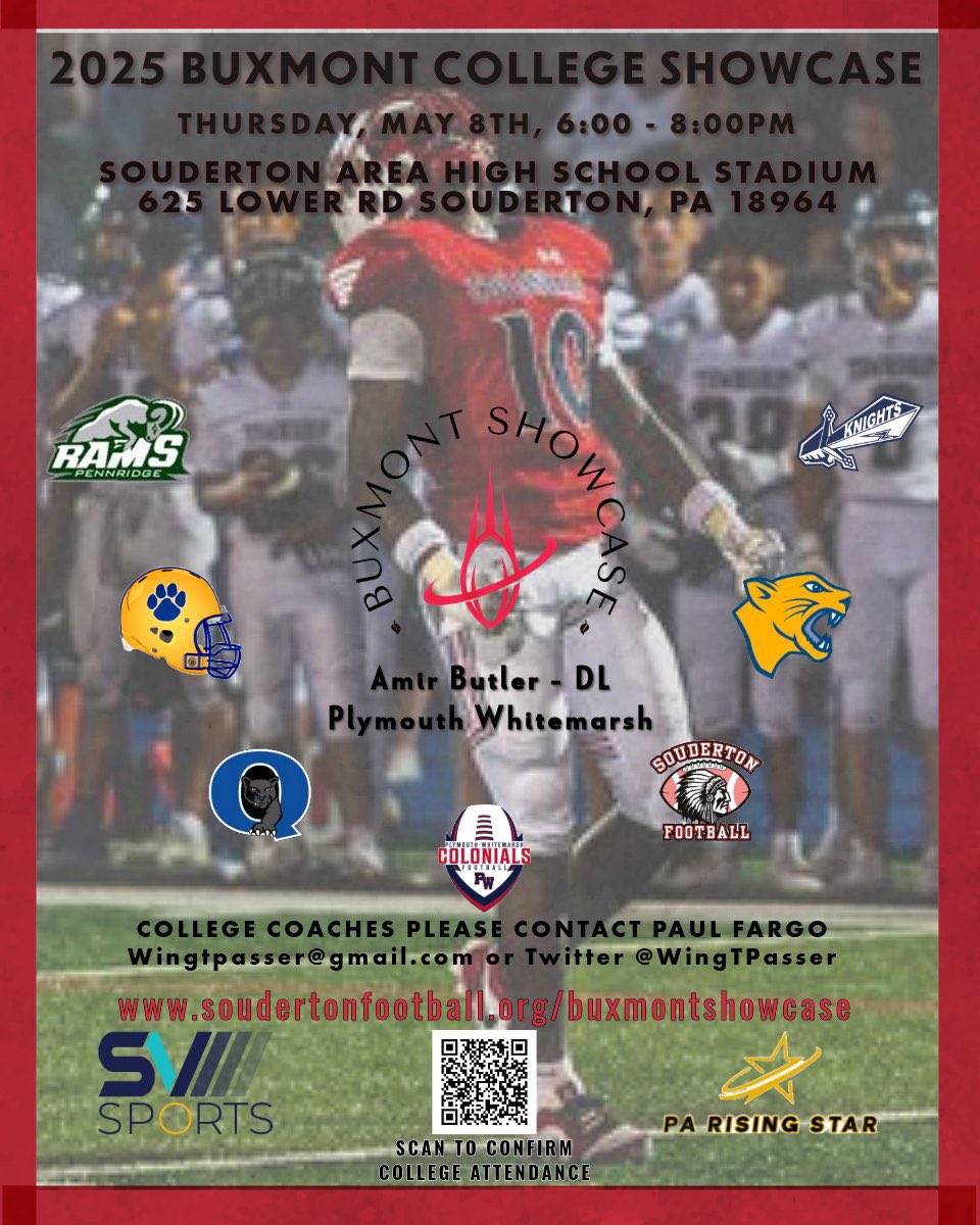 Amir Butler (@amirbutler100) on Twitter photo Looking forward to displaying my talents at the 2025 BUXMONT Showcase on Thursday, May 8th! soudertonfootball.org/buxmontshowcase
<a href="/PARisingStar/">PA Rising Star</a>
<a href="/svsports/">SV Sports</a>
@PRZPAvic
<a href="/PaulRobertsCuse/">Paul Roberts</a>
<a href="/ArtisticMayhem1/">Michael Pietrangelo</a>
<a href="/S1insider/">Suburban One Insider</a>
<a href="/BadgleyBruce/">Bruce Badgley</a>
<a href="/PWHS_Football/">PW Football</a> Looking forward to displaying my talents at the 2025 BUXMONT Showcase on Thursday, May 8th! soudertonfootball.org/buxmontshowcase
<a href="/PARisingStar/">PA Rising Star</a>
<a href="/svsports/">SV Sports</a>
@PRZPAvic
<a href="/PaulRobertsCuse/">Paul Roberts</a>
<a href="/ArtisticMayhem1/">Michael Pietrangelo</a>
<a href="/S1insider/">Suburban One Insider</a>
<a href="/BadgleyBruce/">Bruce Badgley</a>
<a href="/PWHS_Football/">PW Football</a>