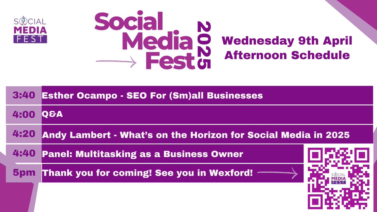 #SocialMediaFest schedule for tomorrow is as follows.

Will you be there? Last chance to buy your ticket:

🎟️ socialmediafest.ie/buy-tickets/