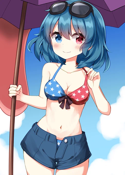 【お題】水着+ホットパンツのギャル小傘ちゃん。 水着はオッドアイみたいな左右赤青な色合いな星柄がいいです