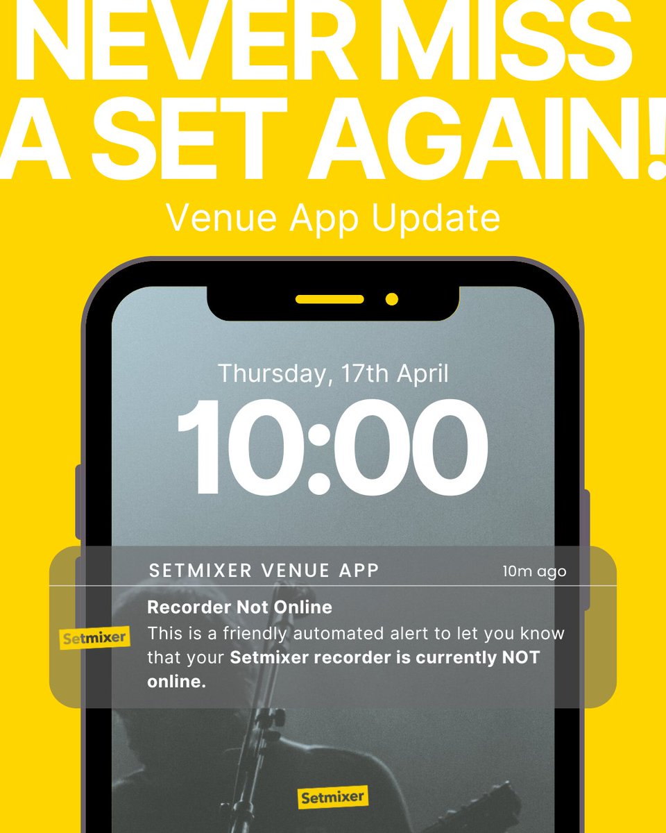 setmixer's tweet photo. New Venue App Update (2/2) π
Never miss a set again! π¨ Our new Automated Alerting system will notify you before an event if your mixer is disconnected or the recorder is off. That means fewer surprises and smoother recordings!
#setmixer #grassrootsvenues #musicindustry https://t.co/94wPgDrtNK