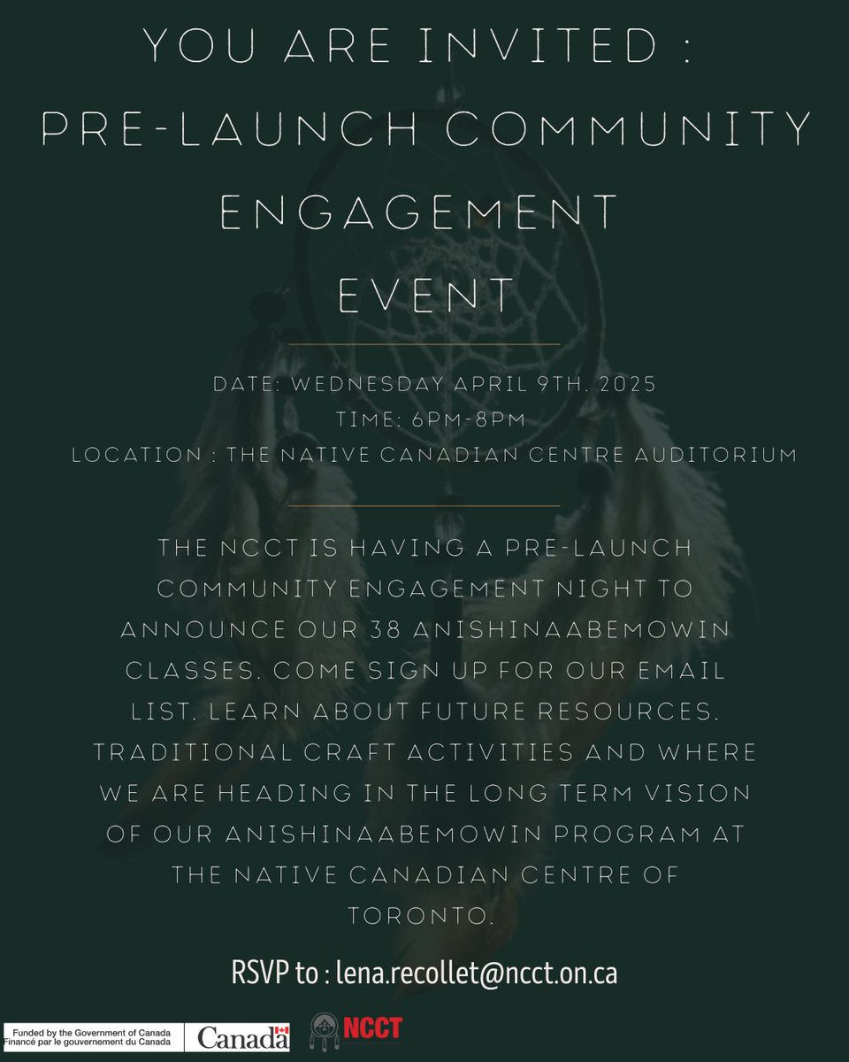 📢 YOU’RE INVITED! 📢
Join us for a Pre-Launch Community Engagement Event at the Native Canadian Centre of Toronto! 🌿✨
📅 Date: Wednesday, April 9th, 2025
⏰ Time: 6 PM – 8 PM
📍 Location: NCCT Auditorium