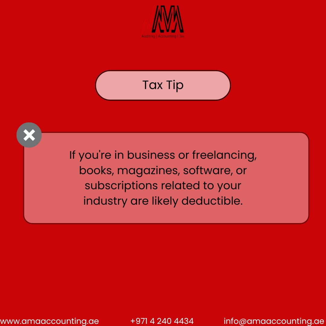 ama_auditing's tweet photo. If you're buying tools, books, or software to help you grow your biz or freelance work; they're likely TAX-DEDUCTIBLE!

Need help? We’re just one call away! 📞

#TaxSeason #BusinessTax #FreelancerFinance #AccountingTips #SaveOnTaxes #AuditSupport #DubaiBusiness #AMAAccounting https://t.co/F46QgJcgNC