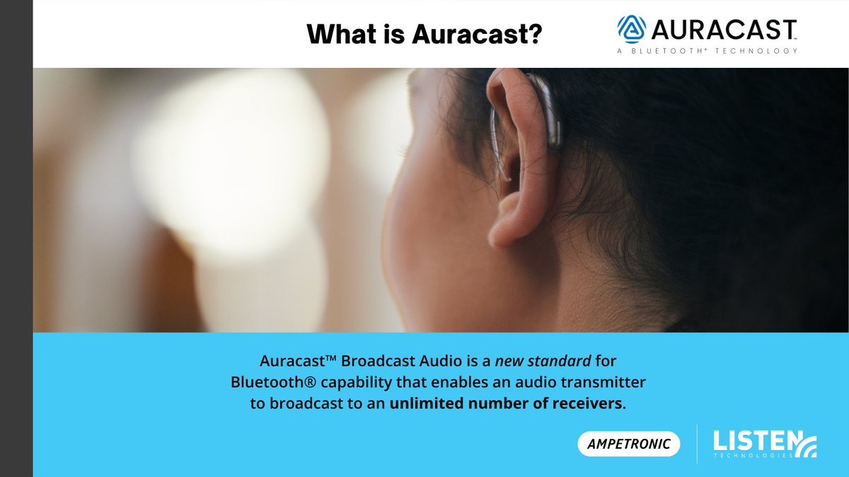 rAVePubs's tweet image. What is Auracast™? Auracast™ is a new Bluetooth® technology that broadcasts audio to unlimited receivers—no pairing needed! 

Just select a channel, like choosing Wi-Fi network, and start listening. 🔗listentech.com/auri/ 

#Auracast #AssistiveListening #ListenTech I