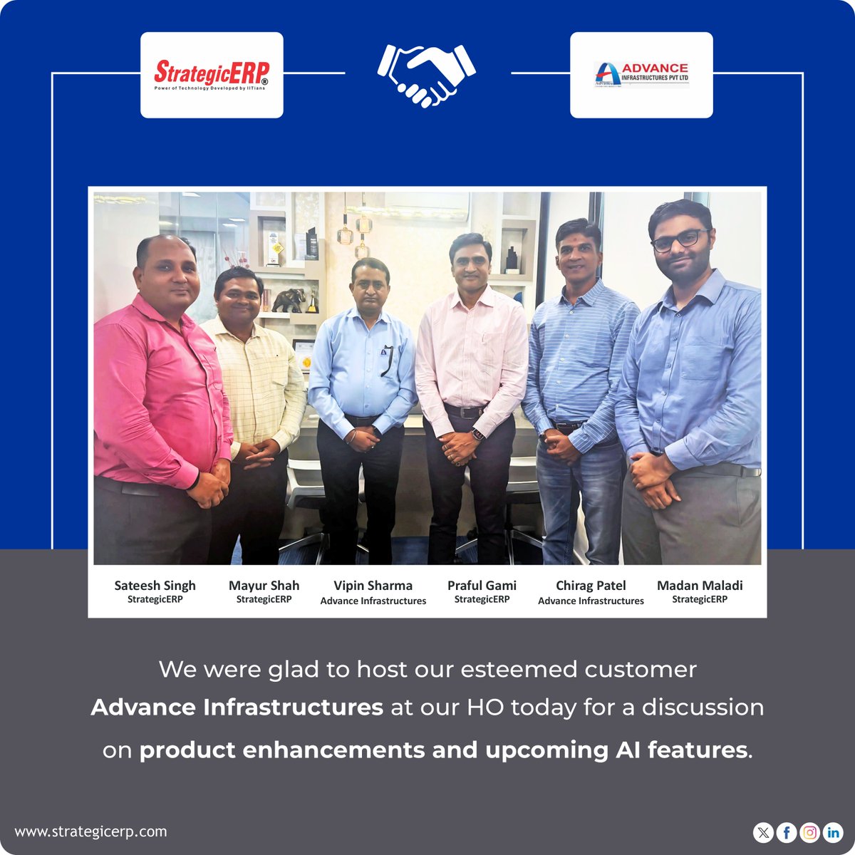 We were pleased to host our esteemed client ADVANCE INFRASTRUCTURES PVT. LTD. at our Headquarters in Mumbai today. 

Based in Vadodara, Gujarat, Advance Infrastructures specializes in customized Engineering, Procurement, and Construction (EPC) services across Oil &amp; Gas, Civil &amp;