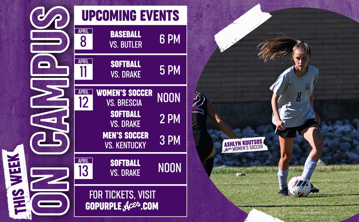 UE Athletics (@ueathletics) on Twitter photo ๐๐ก๐ข๐ฌ ๐๐๐๐ค ๐๐ง ๐๐๐ฆ๐ฉ๐ฎ๐ฌ ๐๏ธ
Don't miss these athletic events on campus this week featuring <a href="/UEAthleticsBASE/">Evansville Purple Aces Baseball</a>, <a href="/UEAthletics_SB/">UE Softball</a>, <a href="/UEAthleticsWSOC/">UE Women's Soccer</a>, and <a href="/UEAthleticsMSOC/">UE Men's Soccer</a>!
๐๏ธ bit.ly/42zHBk0
๐ฃ#ForTheAces ๐๐ก๐ข๐ฌ ๐๐๐๐ค ๐๐ง ๐๐๐ฆ๐ฉ๐ฎ๐ฌ ๐๏ธ
Don't miss these athletic events on campus this week featuring <a href="/UEAthleticsBASE/">Evansville Purple Aces Baseball</a>, <a href="/UEAthletics_SB/">UE Softball</a>, <a href="/UEAthleticsWSOC/">UE Women's Soccer</a>, and <a href="/UEAthleticsMSOC/">UE Men's Soccer</a>!
๐๏ธ bit.ly/42zHBk0
๐ฃ#ForTheAces