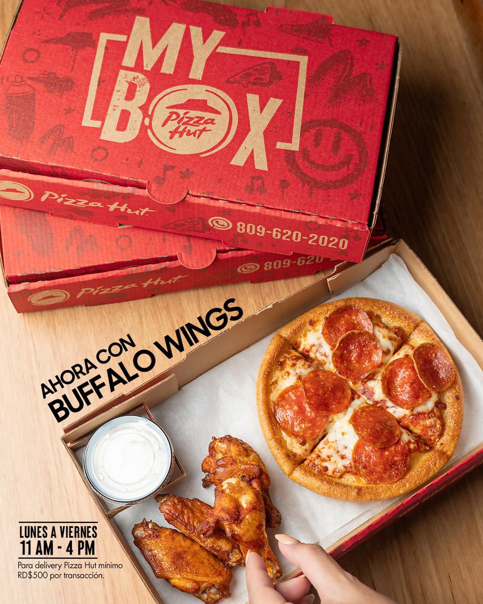 Disfruta de tu combo perfecto ordena MY BOX con pizza personal 1 ing + 4 Buffalo Wings + Coca-Cola por solo RD$535

¡Pídela ahora! 😍 
☎️ 809.620.2020 
[Call Center &amp; WhatsApp]

⏰ Disponible de lunes a viernes de 11:00 am a 4:00 pm para Dine-In, Carry Out y Delivery.