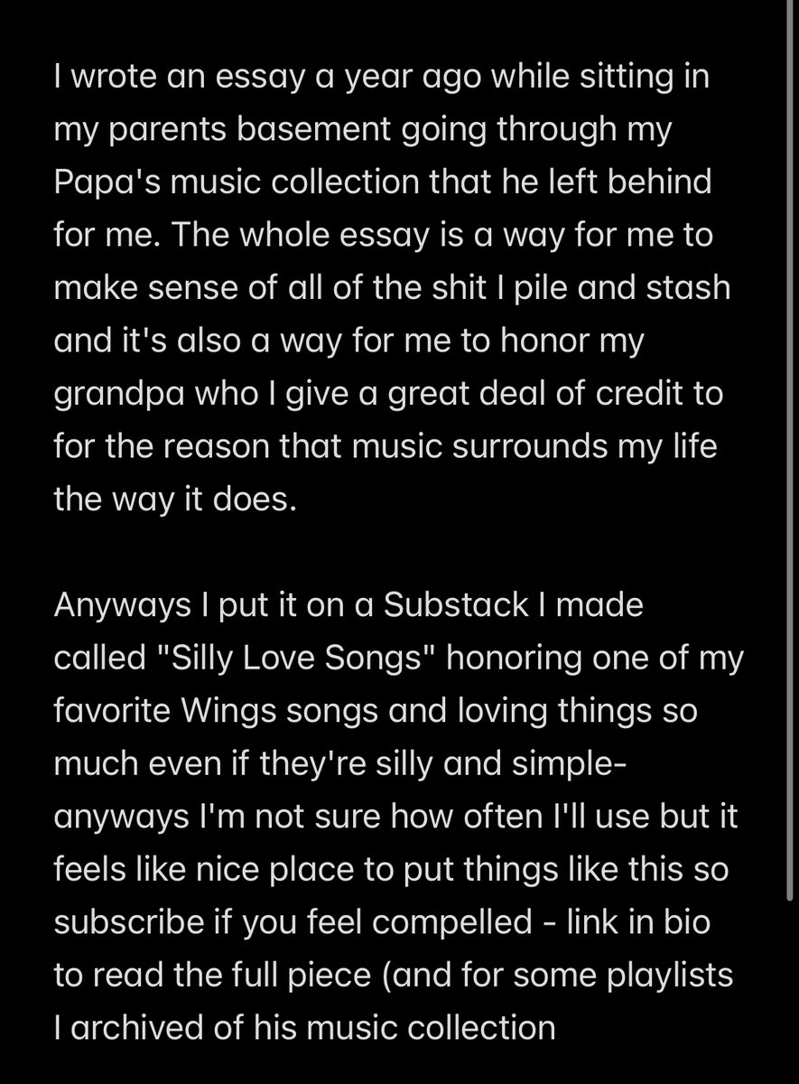 kellywrites's tweet photo. Sharing my 1st ever Substack post, an essay I wrote while sitting in my parents basement going through my Papa's music collection he left behind for me. the Substack is called "Silly Love Songs" - the essay is called "Save It For. Rainy Day" -more in pics

https://t.co/LOat1tOWlz https://t.co/h7aHGLgR4L