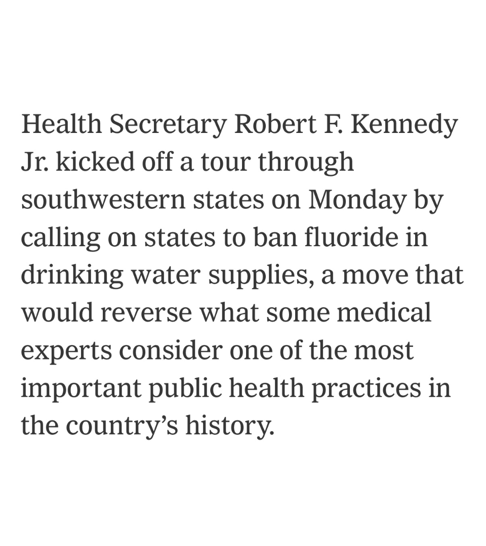 RapidResponse47's tweet photo. LEFT (today): NYT says @SecKennedy wants to "ban fluoride in drinking water" and "reverse ... one of the most important public health practices in the country's history."

No mention of their own January report (RIGHT) that fluoride may be linked to lower IQ scores in children." https://t.co/IMLZRzcpPI