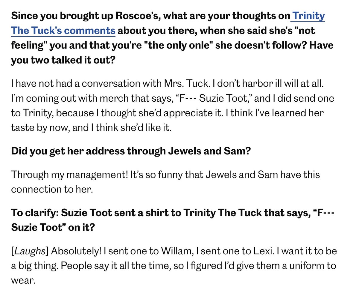 joeynolfi's tweet photo. Suzie Toot told me she mailed Trinity The Tuck, Willam, and Lexi Love shirts that say 'Fuck Suzie Toot' on them 💀 The Drag Race icon that she is! 

https://t.co/hoLt7MO205 https://t.co/LS4eRTOz3v