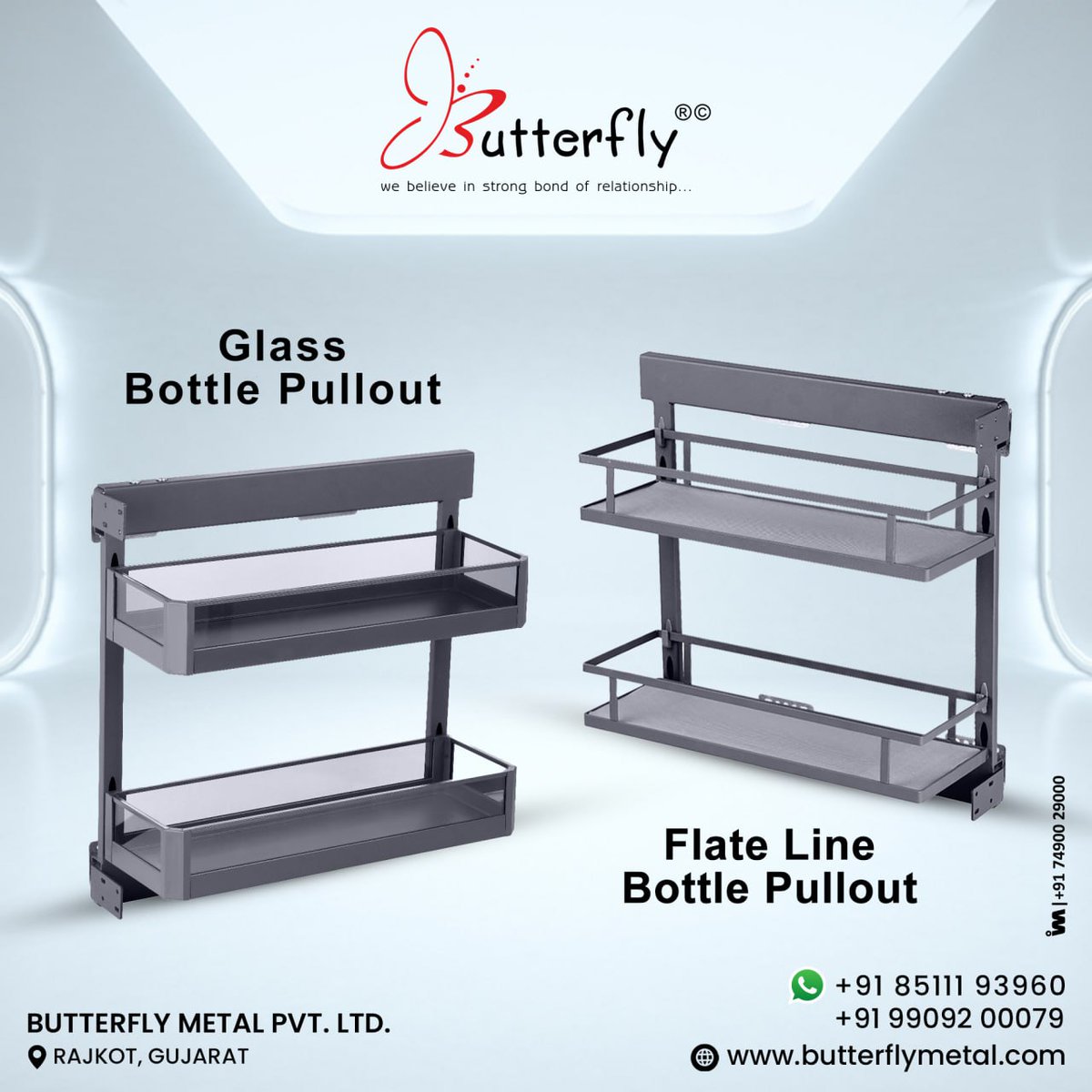 ibais_hardware's tweet photo. BUTTERFLY METAL PVT. LTD. (RAJKOT)
For enquiry via WhatsApp click:
https://t.co/fjl3Anz78F
Contact:
Mr. Tarun Khant - +91 8511193960
Customer Care - +91 9909200079
#glassbottelpullout #kitchenfitting #hardwarefitting #drawer #Channel #furniture #fitting
.
@ibais_hardware https://t.co/Py8979yJ89