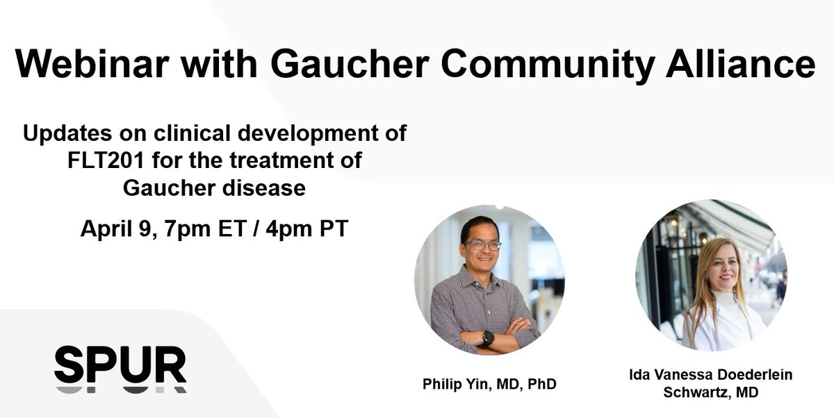 On April 9 at 7pm ET, @Gaucher Alliance will host a webinar on the clinical development of FLT201, Spur's gene therapy candidate for the treatment of #Gaucher disease. Register to hear the latest on our ongoing clinical trial and Phase 3 plans for FLT201. bit.ly/4cnfRCr
