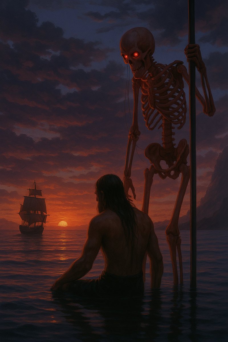 bacardican's tweet photo. "The Debt Beyond the Horizon"

He thought he had escaped. That the sea would swallow his sins and the ship would carry him to freedom. But Death doesn’t chase. It waits—patient, red-eyed, and always one step behind your last hope. The sun was setting, and so was his time.

#AIart #art #digitalart