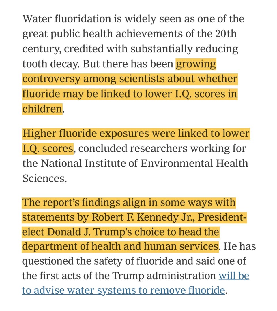 RapidResponse47's tweet photo. LEFT (today): NYT says @SecKennedy wants to "ban fluoride in drinking water" and "reverse ... one of the most important public health practices in the country's history."

No mention of their own January report (RIGHT) that fluoride may be linked to lower IQ scores in children." https://t.co/IMLZRzcpPI