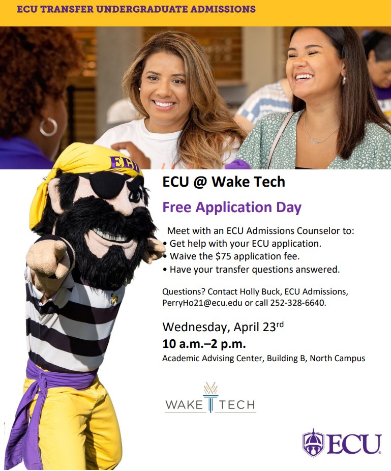 Interested in applying to ECU? Come out for ECU's Free Application Day event @ Wake Tech! Meet with an ECU Admissions Counselor to discuss transfer admissions &amp; the ECU application! #transfer #advising

📅Wednesday, April 23rd
⏰10am - 2pm
📍North Campus, Building B - Room 239