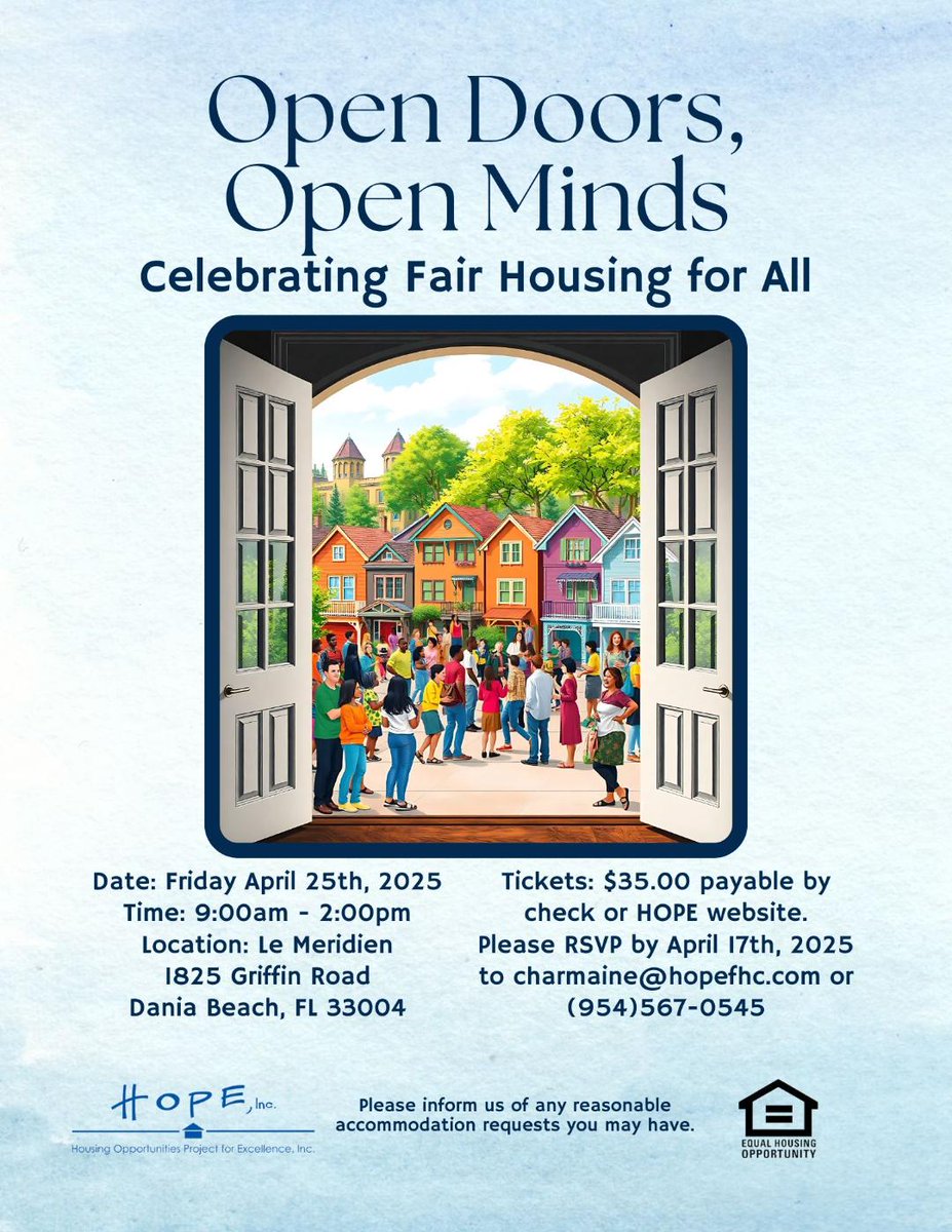 Please join us for our Broward Fair Housing Month event, “Open Doors, Open Minds," 4/25 at Le Meridien in Dania Beach.  We will cover a spectrum of housing issues, and there will be a FREE morning workshop, 9am - noon!  

Please call (954) 567-0545 for more info 😀  Thank you!