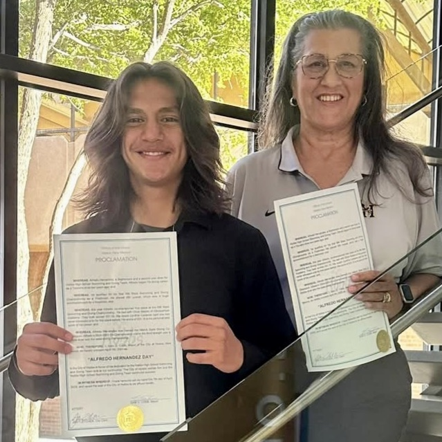 At last night's City of Hobbs commission meeting, Mayor Sam Cobb proclaimed yesterday as Alfredo Hernandez Day. We are immensely proud of our state champion diver and his family.  Congratulations Alfredo! 
Way to Go Eagle!🦅