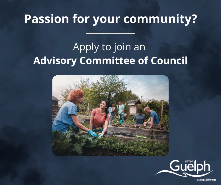 Put your professional and/or lived experience to use and help shape future policies in Guelph!

Join a team of like-minded peers and collaborate to inform policies that affect us locally.

Apply to be a member of an Advisory Committee of Council today: guelph.ca/city-hall/boar…