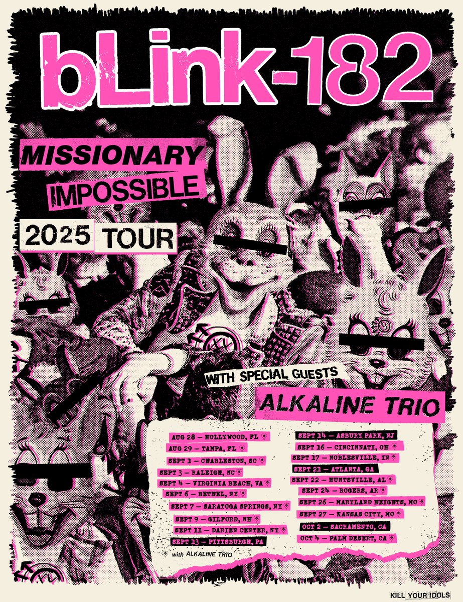 AltPress's tweet photo. blink-182 just announced a fall tour, Missionary Impossible, with support from Alkaline Trio. Tickets go on sale April 11 🐰 https://t.co/aKqDg3cwLC