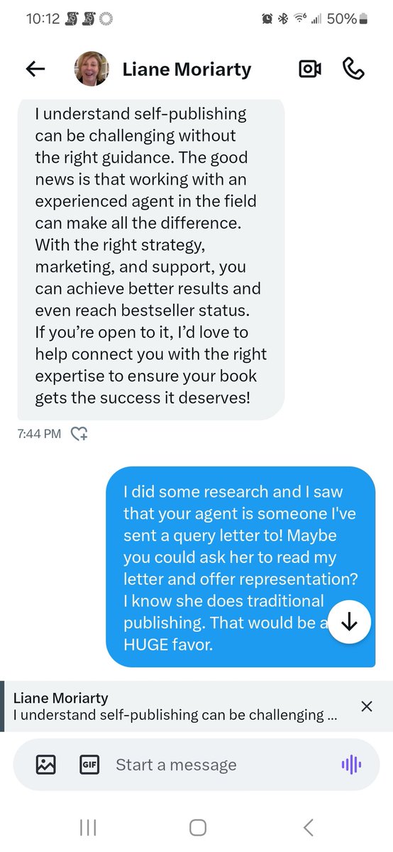 WriterSLBynum's tweet photo. Watch out for people posing as famous authors. "Liane Moriarty" DMed me about my writing. Then she started saying how having an experienced agent can make all the difference in self-publishing 😂. As you can see, I showed her how much I really know!  #WritingCommunity https://t.co/zESeLHaTaj