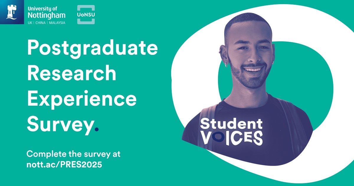 📢Postgraduate Research Experience Survey (PRES) - Make a difference—have your say!

🗓️ 24 March – 16 May

Add your voice to PRES 2025 and share your feedback on supervision, resources, community, progression, and wellbeing 🔗 nott.ac/PRES2025