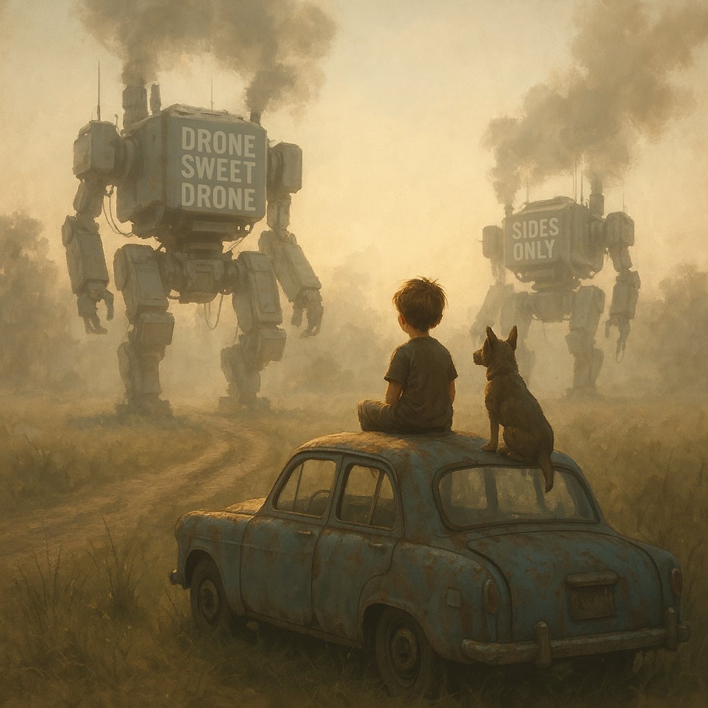 bacardican's tweet photo. "Drone Sweet Drone"

The boy didn’t ask questions. Not anymore. The world had rewritten its lullabies with smoke and steel. From the roof of a forgotten car, he and his dog watched the titans pass, wondering not what they were—but what they remembered.

#AIart #art #digitalart https://t.co/x9GCkTApsP