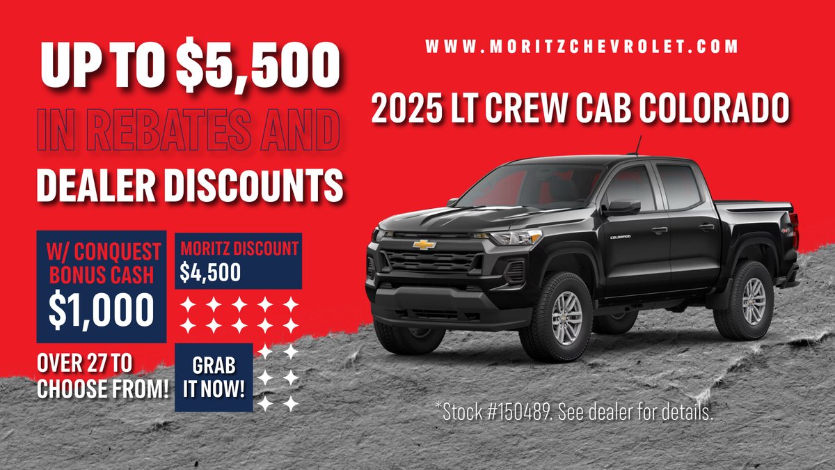 ChevroletMoritz's tweet photo. ‼️ Save Big At Moritz ‼️
Don't miss out on incredible offers on 2025 LT Crew Cab Chevy Colorado inventory!
https://t.co/ngChL3htV5
#moritz #Chevrolet #chevycolorado #LT #crewcab #SaveBig #fortworth https://t.co/a62b6WLAqh