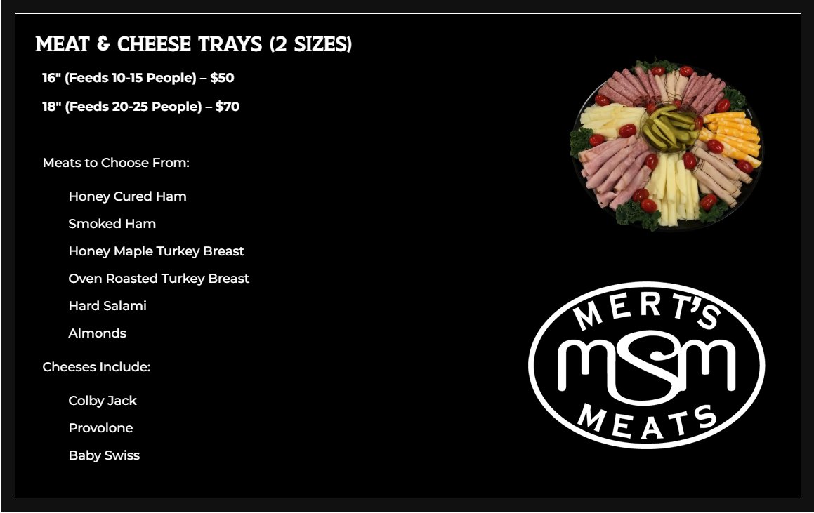 Hosting a get-together? 🎉 Don’t stress—grab a Mert’s Party Tray!
From deli meats and cheeses to fruit and veggie spreads, we’ve got everything to feed your crowd with style (and no mess). mertsspecialtymeats.com/charcuterie-tr…