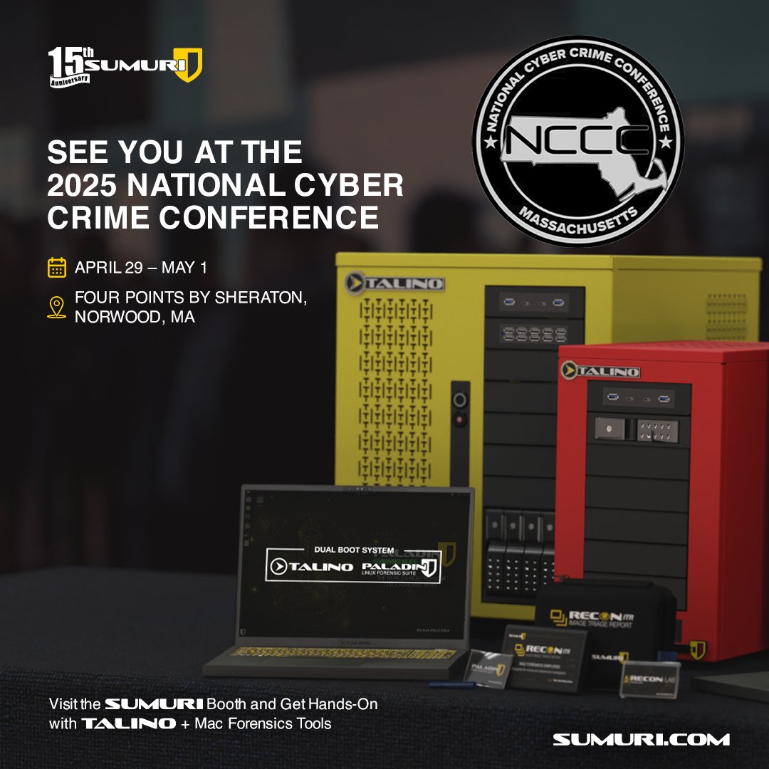 SUMURIForensics's tweet photo. Heading to the 2025 #NCCC? Stop by and say hi!
#SUMURI will have a booth at the Four Points, Norwood, from April 29 to May 1, and we’d love to connect with you before sessions, or during breaks.
Details: https://t.co/fZTSOoIDvB
#TALINO #DigitalForensics #MacForensics https://t.co/fcZRHOpHKv