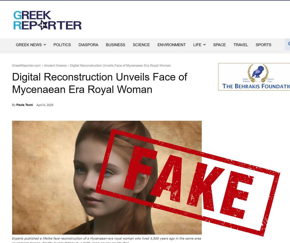 par_virtual's tweet photo. Me temo que tenemos otro #FakeHistórico siendo difundido por los medios de comunicación de forma acrítica y dañina. La supuesta reconstrucción facial de una joven micénica no es tal: es una fake creado con IA generativa.👇🚫 https://t.co/gImT635Lvq