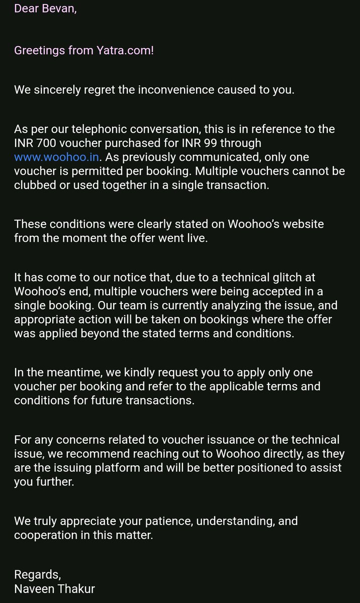 bevankumar's tweet photo. @dealztrendz After much debate with @YatraOfficial @Yatra_Care. Now they've asked me to connect with @woohoogifting 

Saying it's a glitch while It's a planned  marketing gimmick. https://t.co/zEg4GQcBWc