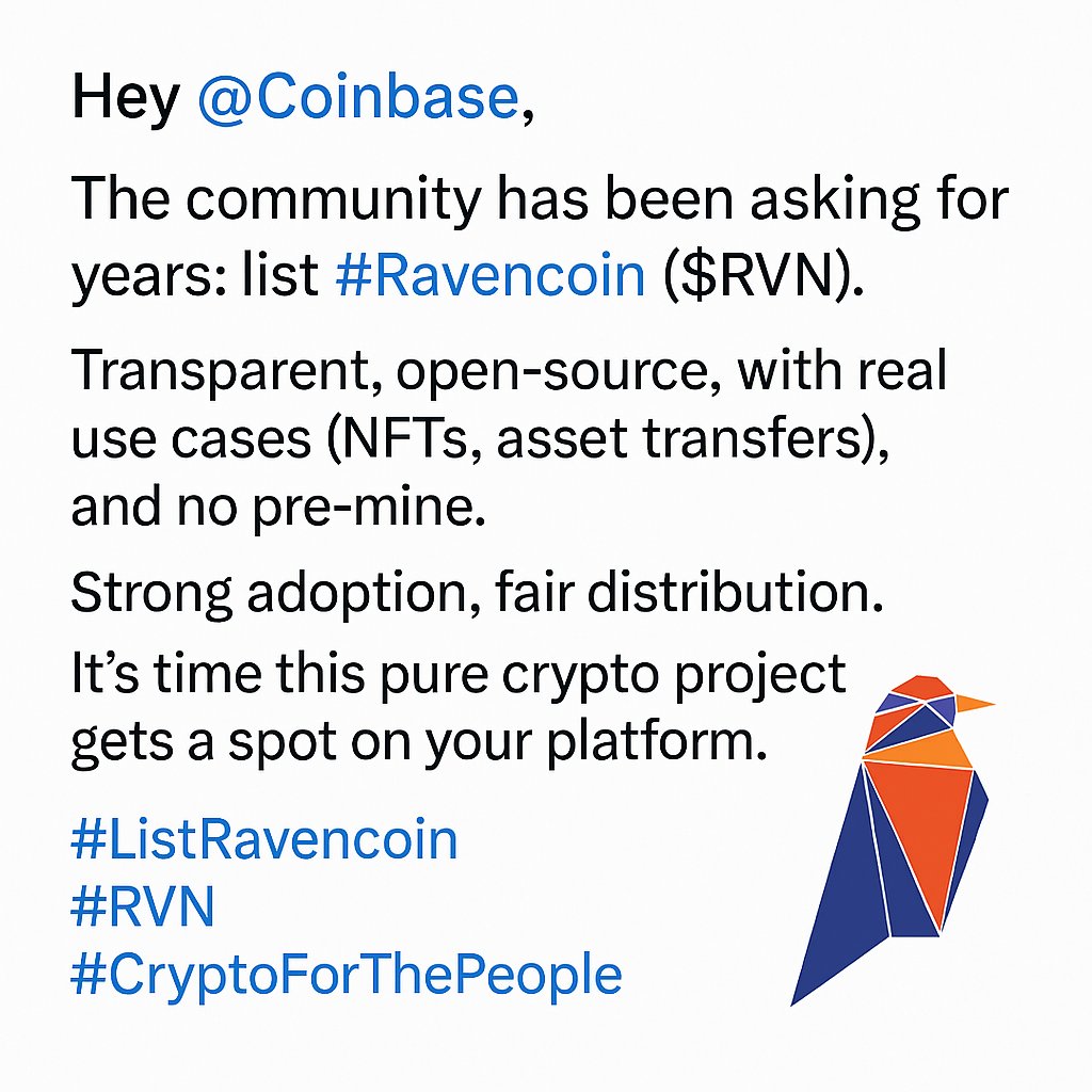 Sportfest2's tweet photo. Again @Coinbase,
The community has been asking for years: list #Ravencoin 
Transparent, open-source with real use cases (NFTs, asset transfers), and no pre-mine
Strong adoption, fair distribution
It’s time this crypto project gets a spot on your platform

 #CryptoForThePeople https://t.co/O2w9tk059k
