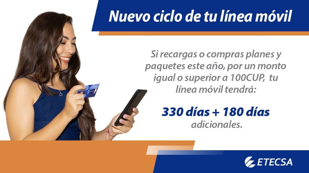 Con 100CUP o más en recargas, planes o paquetes adquiridos a través de #Transfermóvil y #ServiciosEnLínea, ahora disfrutas de más beneficios:  
📅  330 días activos + 180 días adicionales para seguir conectado. 🚀💬  ¡ mantén tu comunicación siempre activa! 🔥📲