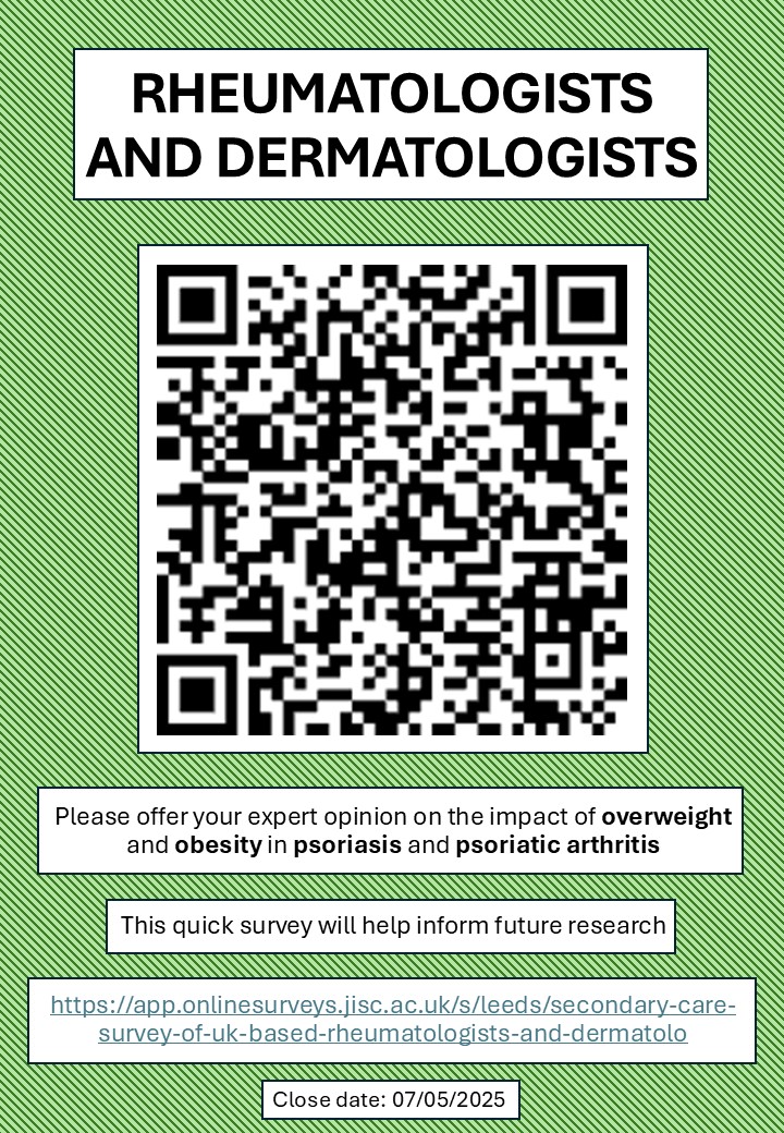 📢Do you work in #Rheumatology or #Dermatology in the UK?

Please help us understand the impact of #obesity on #psoriasis and #PsoriaticArthritis
👉🏽app.onlinesurveys.jisc.ac.uk/s/leeds/second…